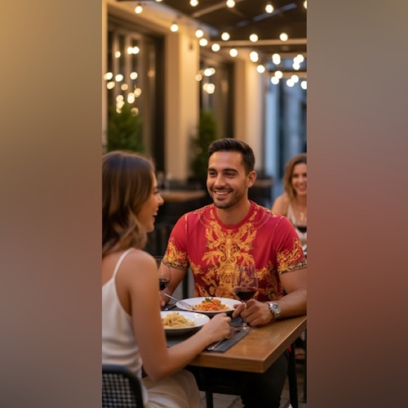 Y2K Public Denim Red and Gold Baroque Short Sleeve Tee - Picture 1 of 8